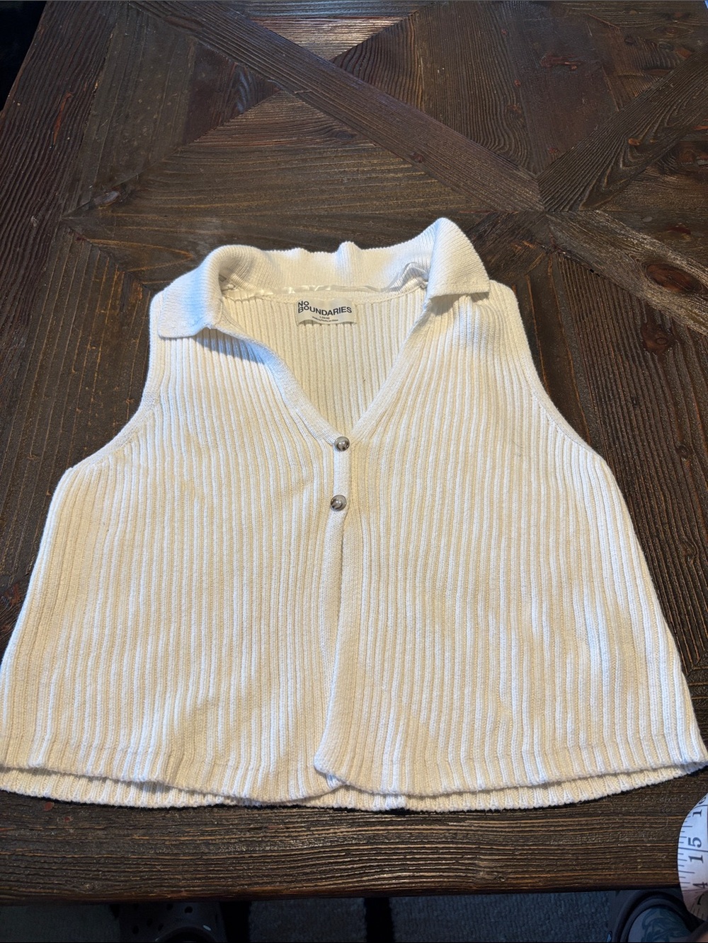 No Boundaries Cream Ribbed V-Neck Sleeveless Collared Sweater